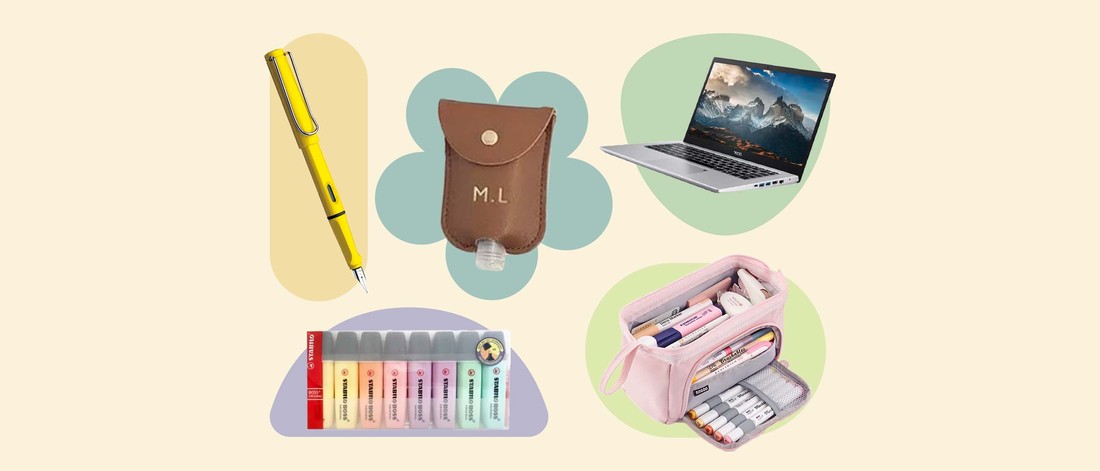 pens, pencil bags, highlighters, laptop and hand sanitiser on multi coloured background