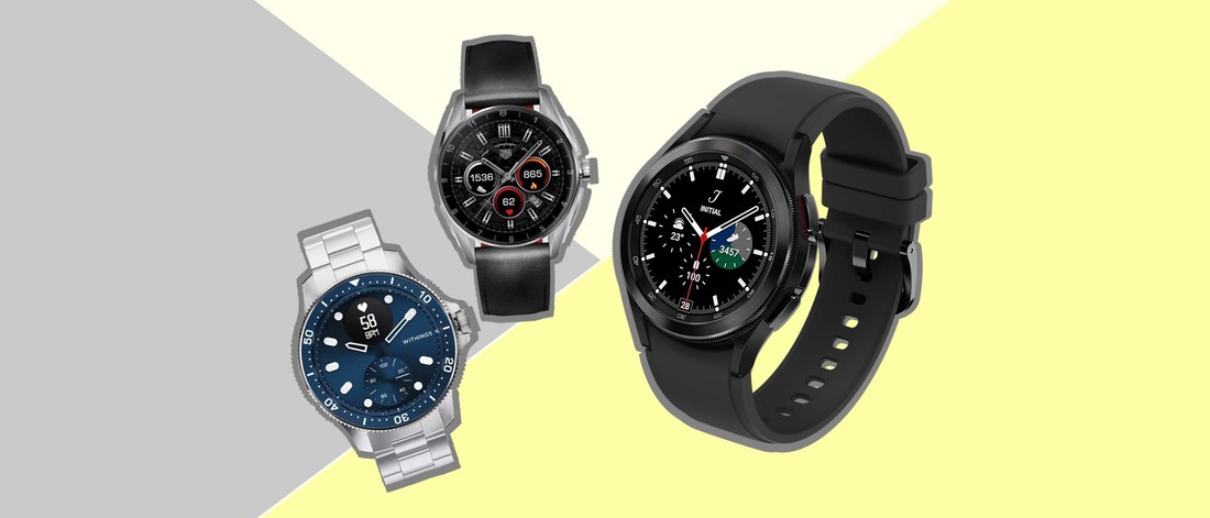 hybrid smartwatches on a grey and yellow background