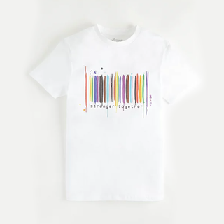 Pride Unisex Adult Stronger Together Graphic T-Shirt in white with rainbow stripes
