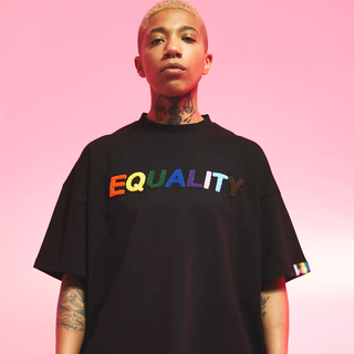 Pride Oversized Fit Equality Applique T-shirt in black with rainbow lettering