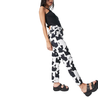 Reclaimed Vintage inspired the 91' original mom jean in cow print 90s fashion