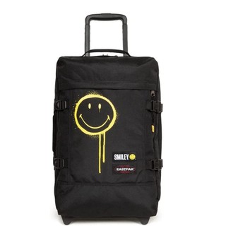 Eastpak Tranverz S Suitcase in black with yellow smiley face print