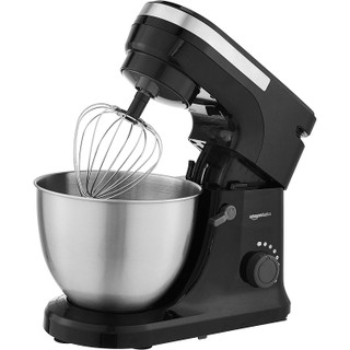 Black stand mixer with a chrome bowl.