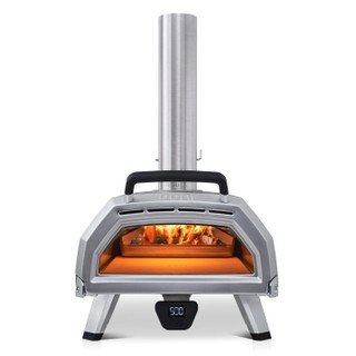 ooni karu 16 silver pizza oven with chimney and fire inside