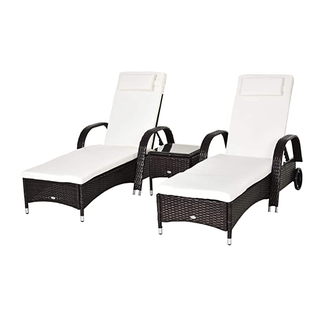 Outsunny 3 Pieces Patio Lounge Chair Set in brown with white cushions