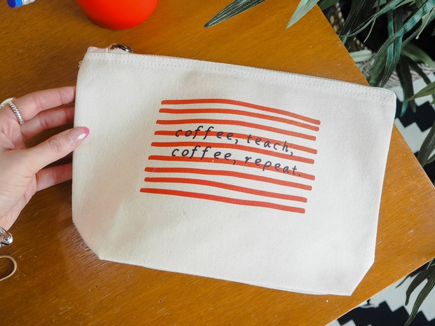 The Coffee, Teach, Coffee, Repeat Teacher Accessory Bag is one of our favourite teacher gift ideas.