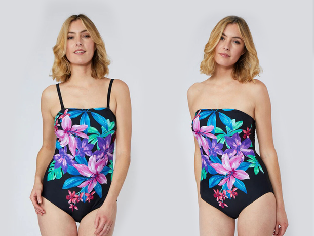 Bonmarché's Floral Placement Bandeau Swimsuit is one of our best plus-size swimwear picks.