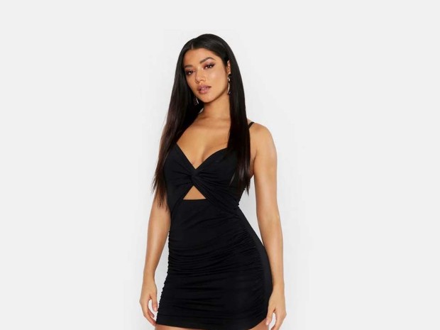 This black boohoo mini dress is a college essential.
