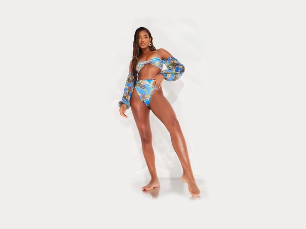 Blue Chain Print Mesh Sleeve Bardot Bikini Set