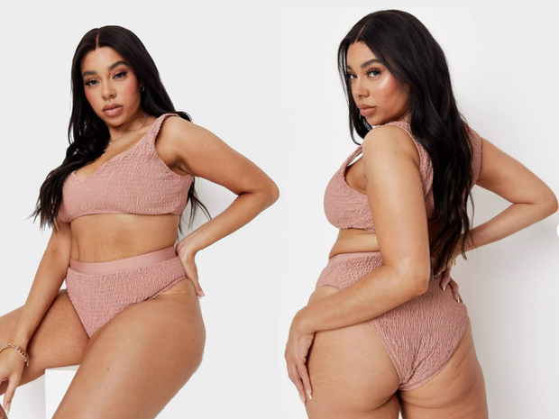 Missguided's plus size pink crinkle bikini is one of our best plus-size swimwear picks.