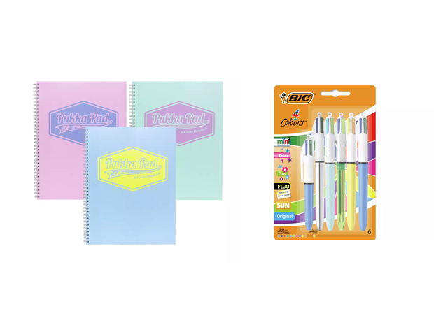 The Pukka Pads Pastel A4 Jotta Notebook - 3 Pack and BIC 4 Colour Ballpoint Pens - 6 Pack are some of our best freshers week essentials.