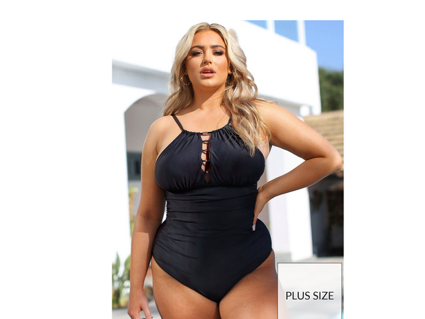 Yours Clothing's Black Metal Trim Swimsuit is one of our best plus-size swimwear picks.