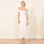 white midi dress with off the sleeve neckline